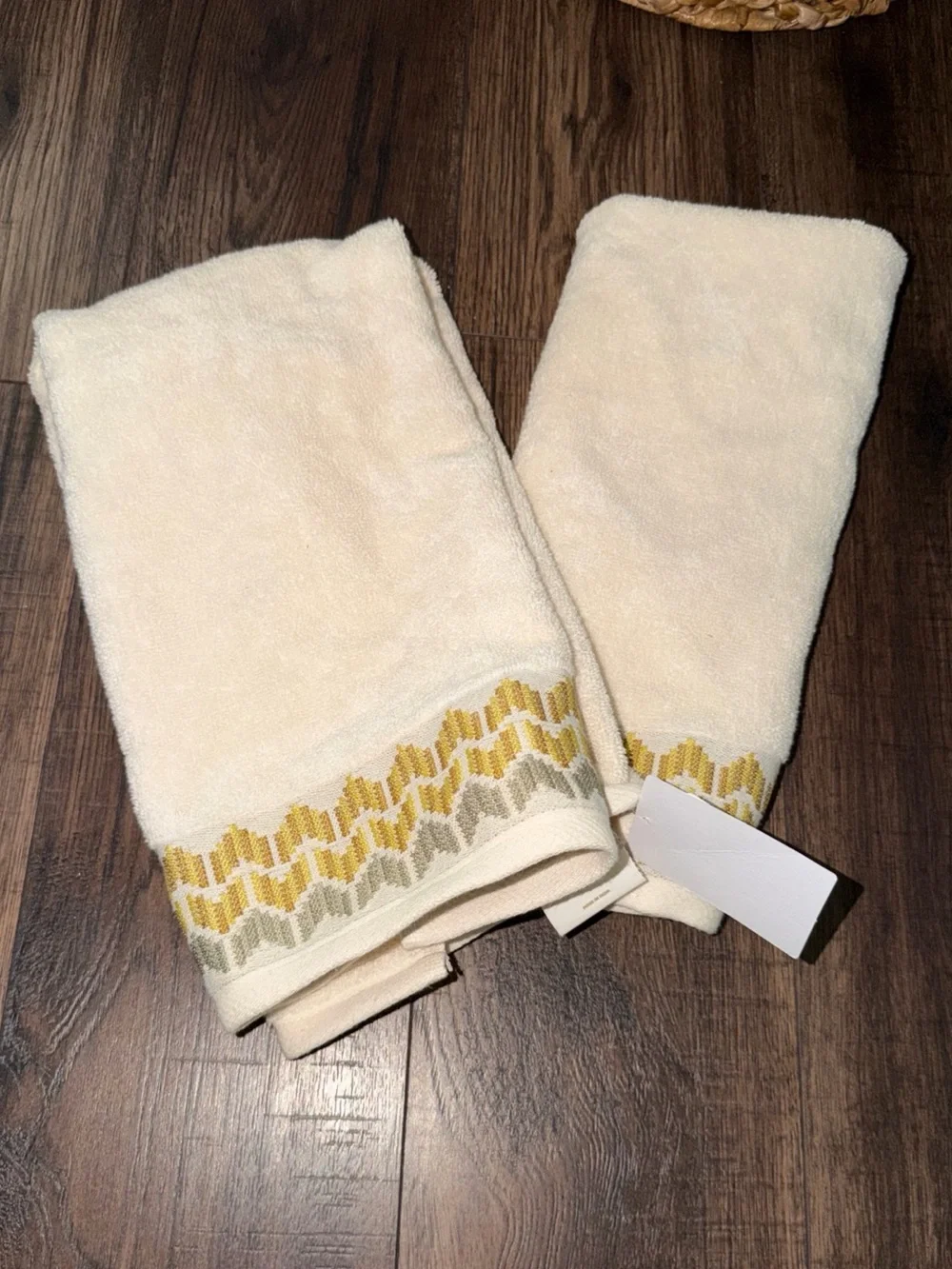 Threshold Cream Decorative Hand Towels with Mustard & green Chevron Trim 2 piece